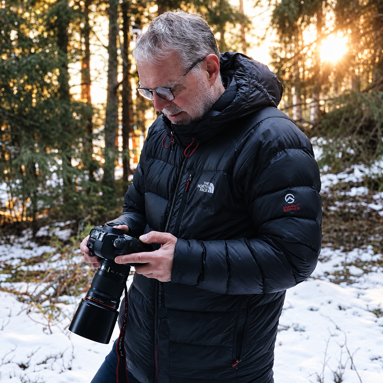 Stefan Nolervik utomhus i en snötäckt skog, fotografierande med sin kamera med teleobjektiv